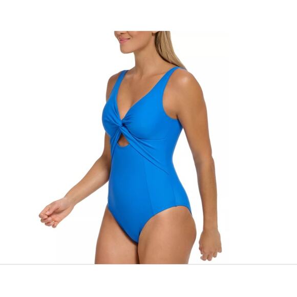 DKNY 50 UPF/SPF Blue One Piece Swimsuit V-Neck Knotted Front Size 14 / Large - Picture 6 of 10